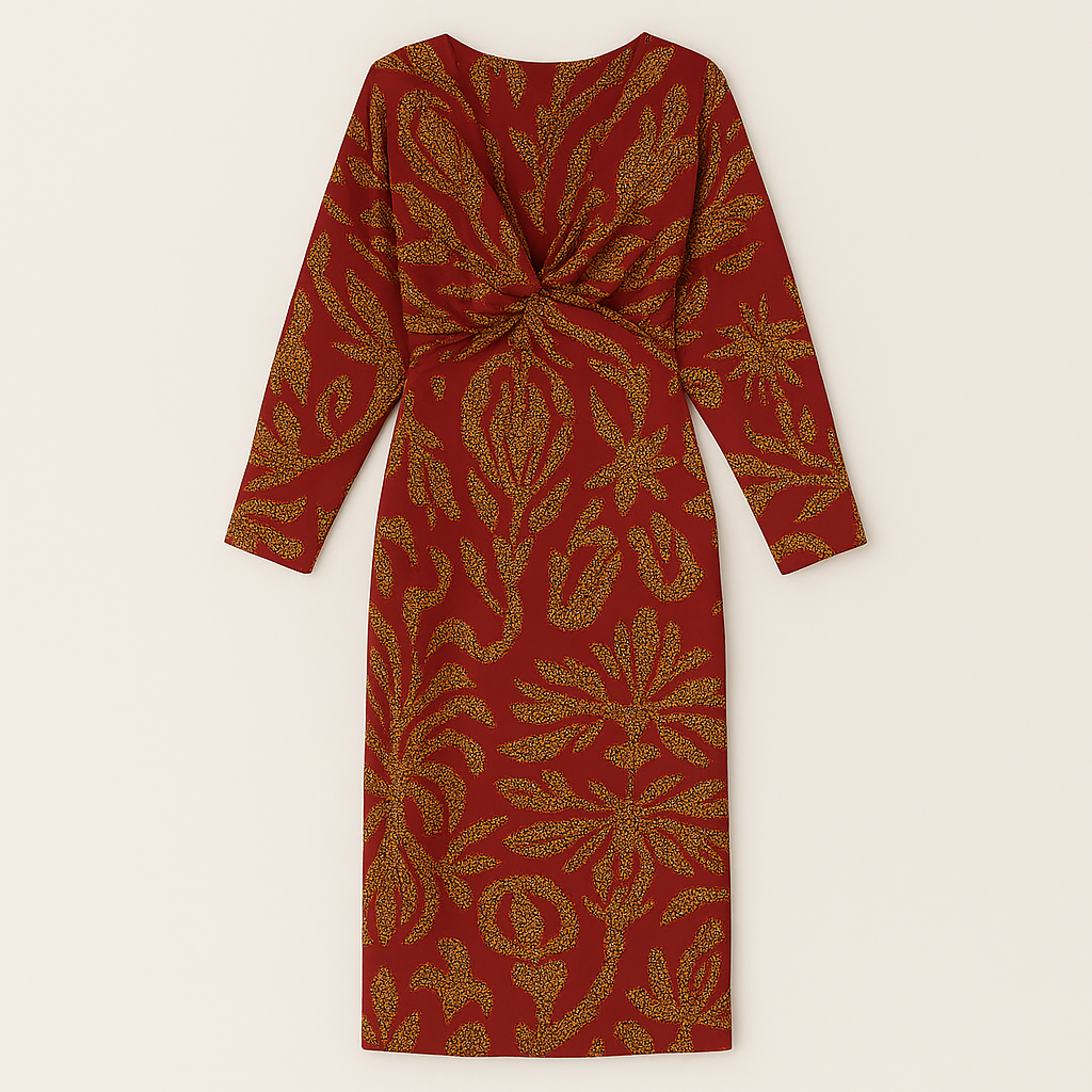 Long-sleeve midi dress with a deep V-neckline, front knot detail, and allover printed pattern.