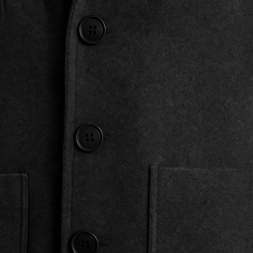 Wool coat with stand collar, button-front closure, and patch pockets, styled for modern everyday wear