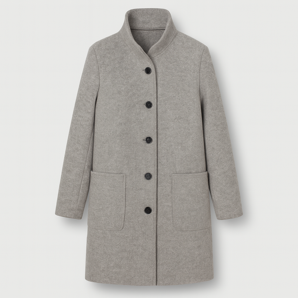Wool coat with stand collar, button-front closure, and patch pockets, styled for modern everyday wear