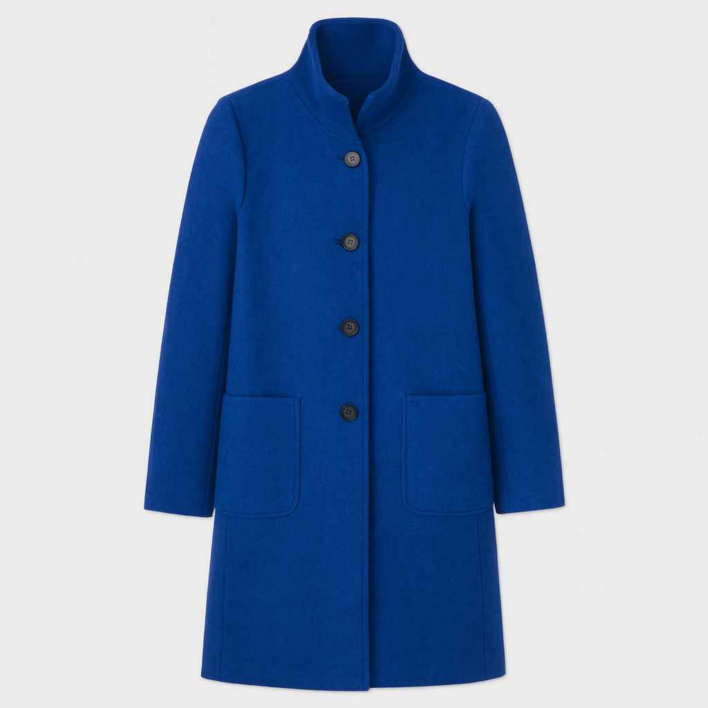 Wool coat with stand collar, button-front closure, and patch pockets, styled for modern everyday wear