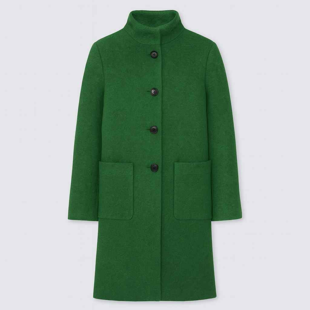 Wool coat with stand collar, button-front closure, and patch pockets, styled for modern everyday wear