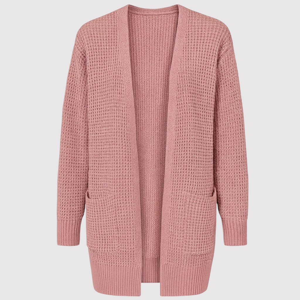 A long open-front knit cardigan with a textured waffle pattern, ribbed cuffs and hem, and two front patch pockets.