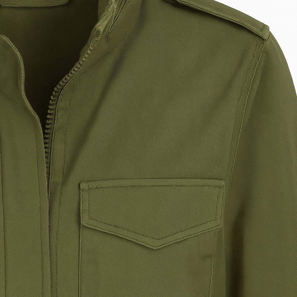 A utility jacket with a front zipper and snap closure, stand collar, shoulder epaulets, long sleeves, and four front flap pockets.