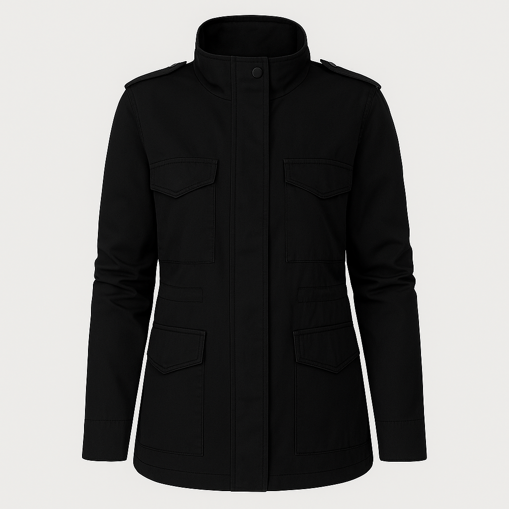 A utility jacket with a front zipper and snap closure, stand collar, shoulder epaulets, long sleeves, and four front flap pockets.