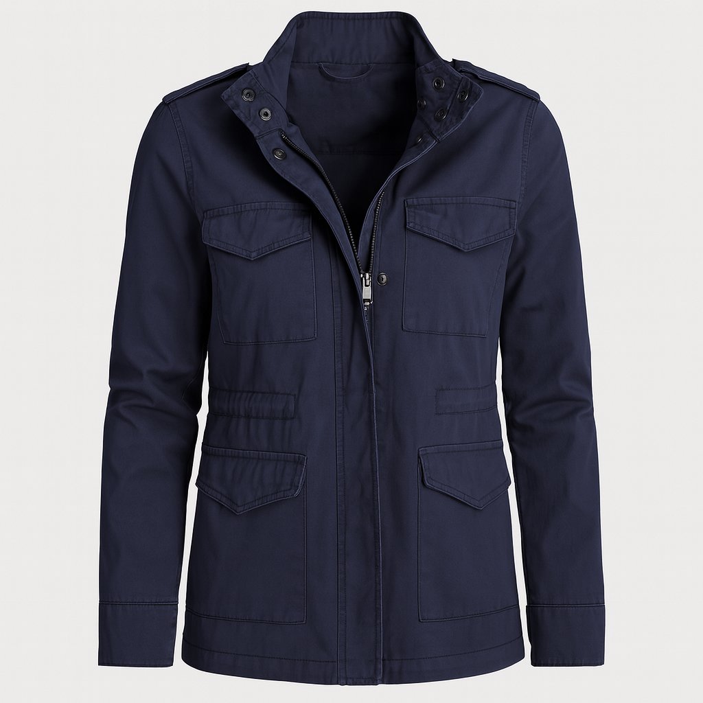 A utility jacket with a front zipper and snap closure, stand collar, shoulder epaulets, long sleeves, and four front flap pockets.