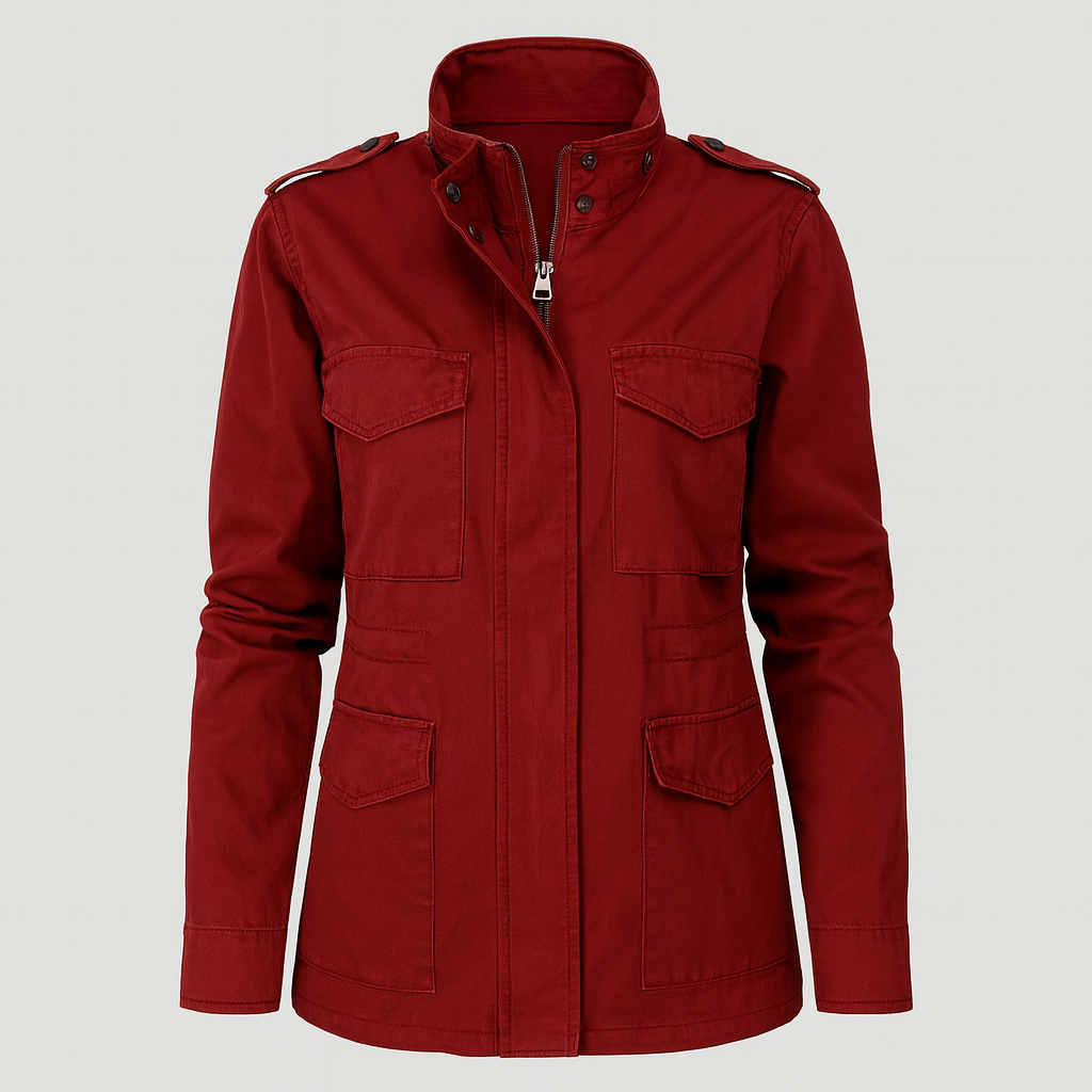 A utility jacket with a front zipper and snap closure, stand collar, shoulder epaulets, long sleeves, and four front flap pockets.