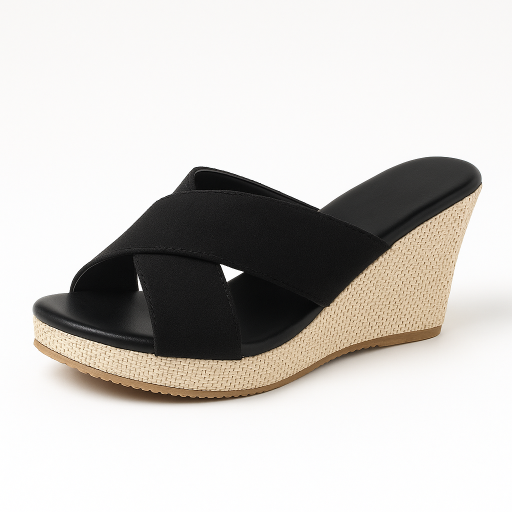 wedge sandals with crisscross fabric straps, woven-texture platform heels