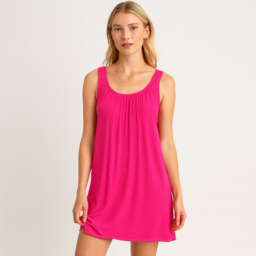 Sleeveless scoop-neck mini dress with gathered neckline and tulip-style hemline.