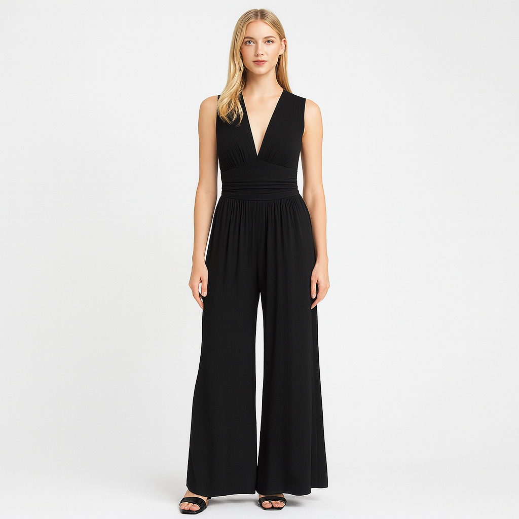 Pleated sleeveless jumpsuit with deep V-neck and wide-leg design