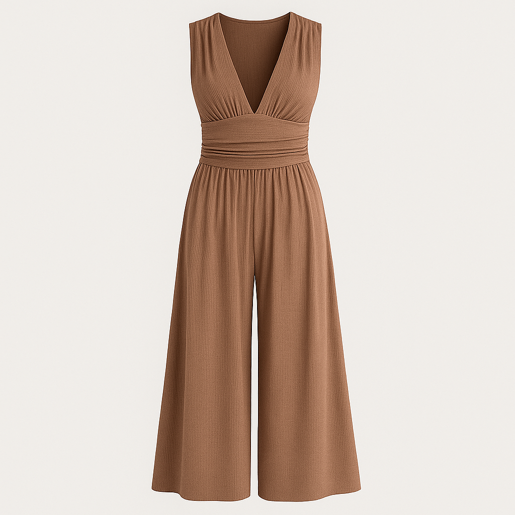 Pleated sleeveless jumpsuit with deep V-neck and wide-leg design