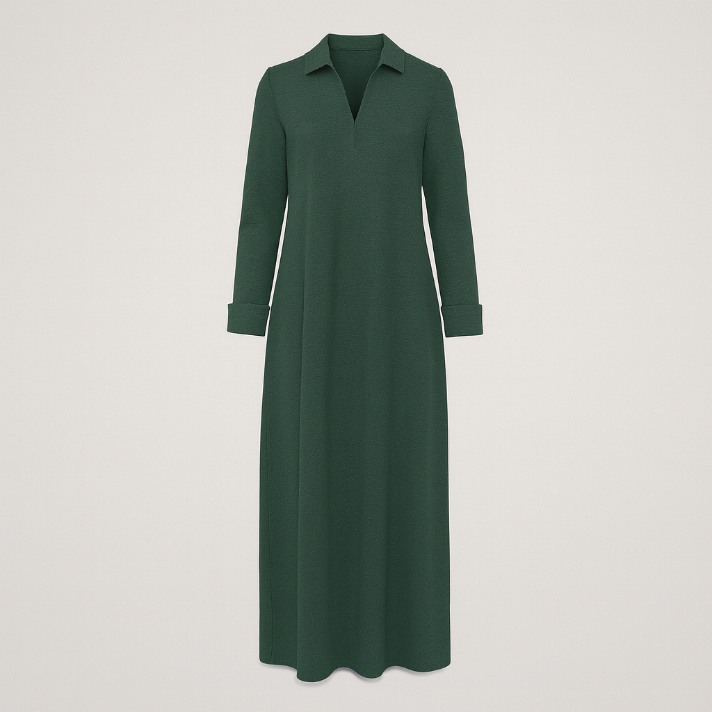Maxi shirt dress with collared neckline, long sleeves, and side pockets, styled for modern elegant looks