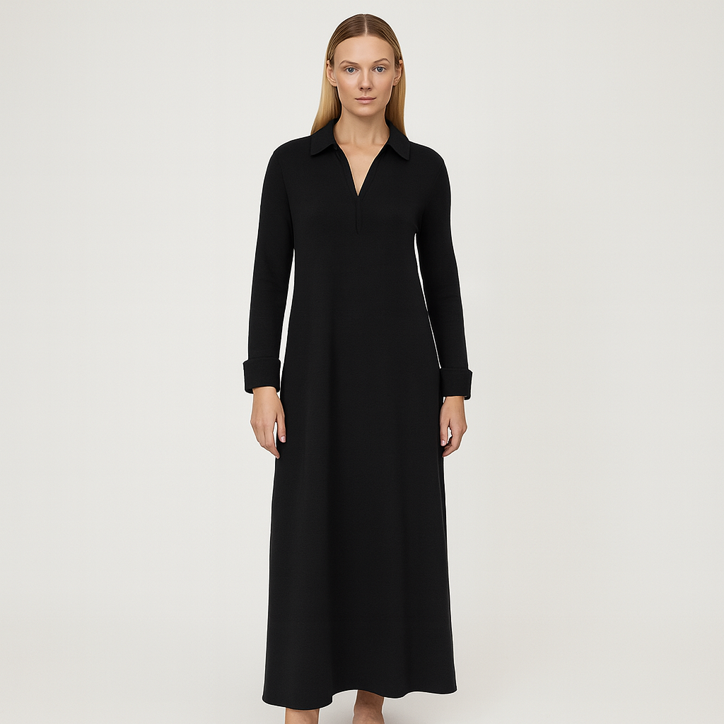 Maxi shirt dress with collared neckline, long sleeves, and side pockets, styled for modern elegant looks
