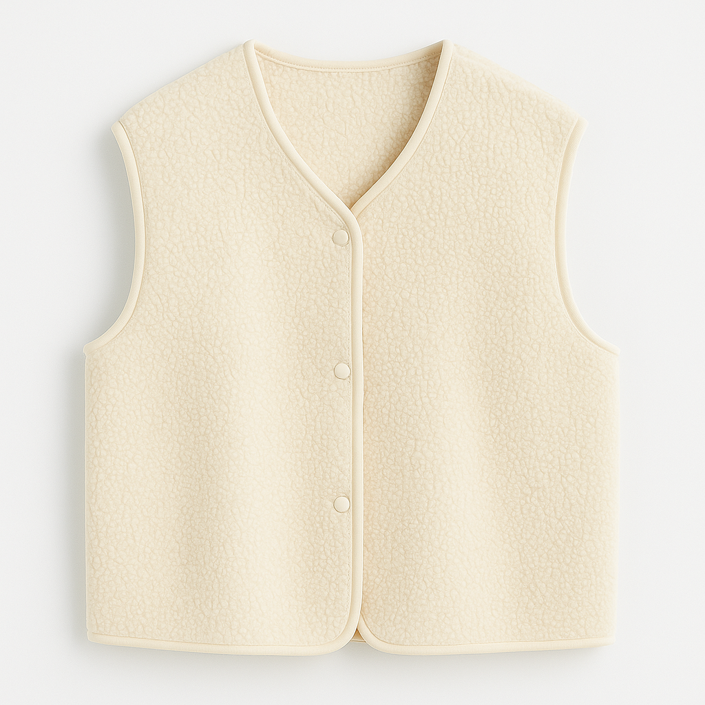 Sherpa-style fleece vest with round neck and open front design