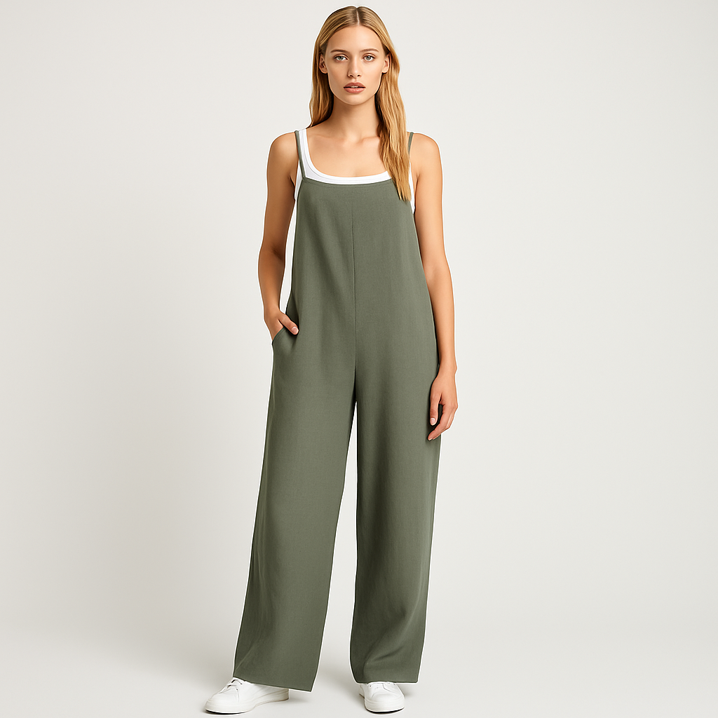 Sleeveless jumpsuit with wide straps, straight neckline, and wide-leg pants.