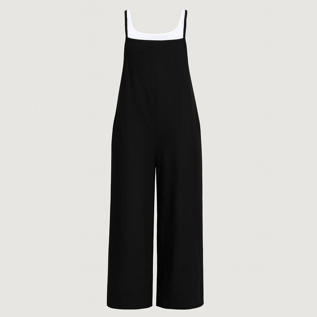 Sleeveless jumpsuit with wide straps, straight neckline, and wide-leg pants.