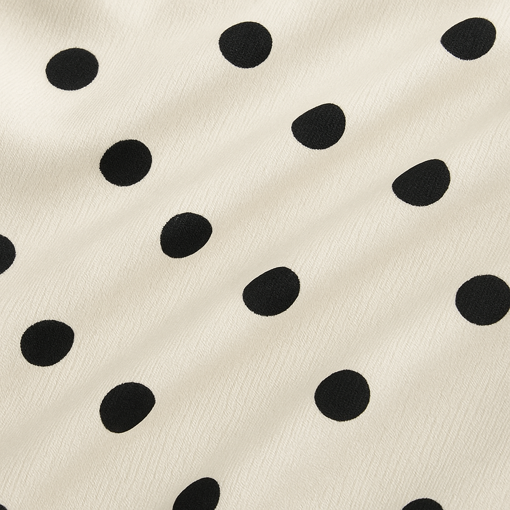 White one shoulder polka dot top with draped neckline, styled with white bottoms and statement accessories