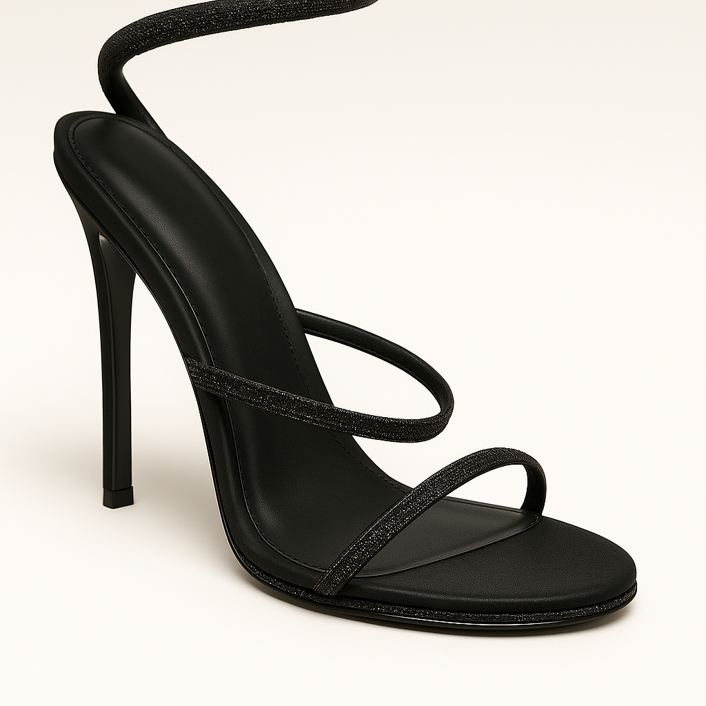 Stiletto sandal with spiral ankle wrap and minimalist strappy design