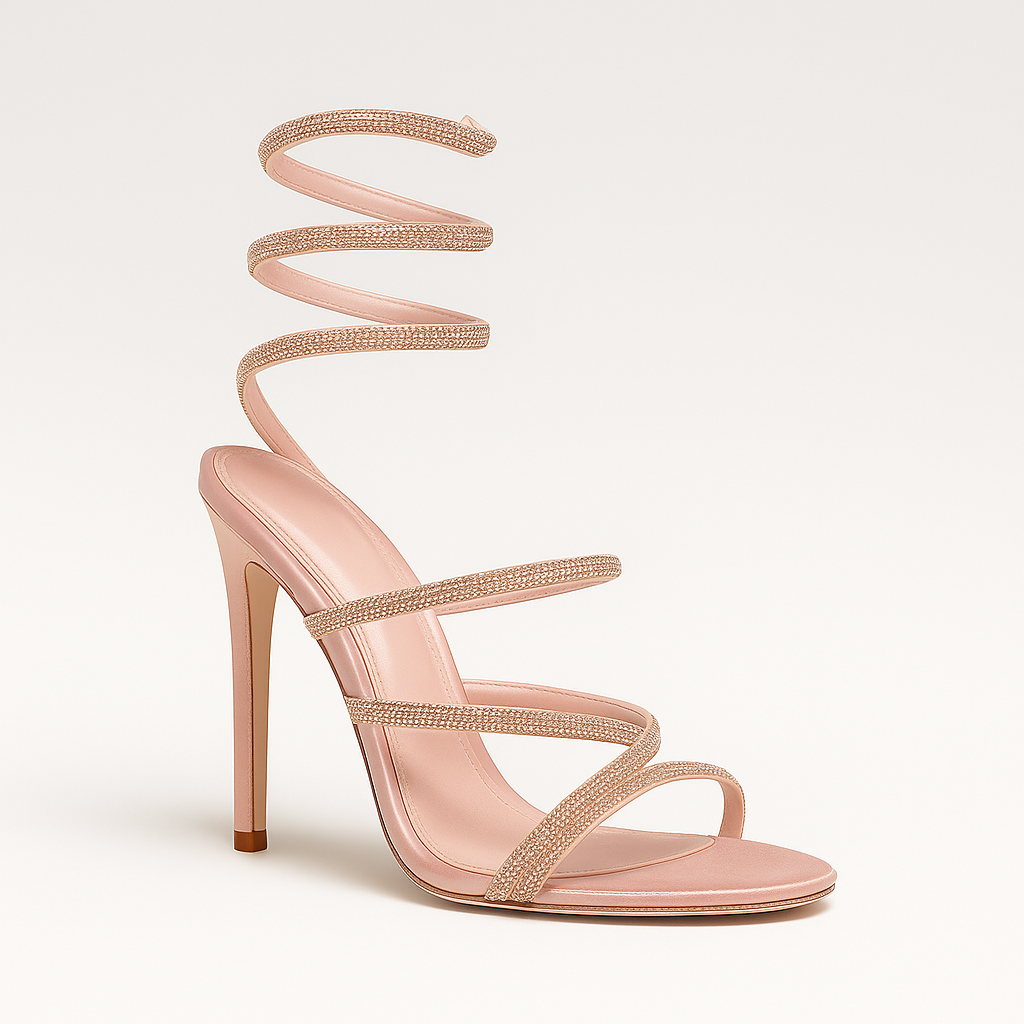 Stiletto sandal with spiral ankle wrap and minimalist strappy design