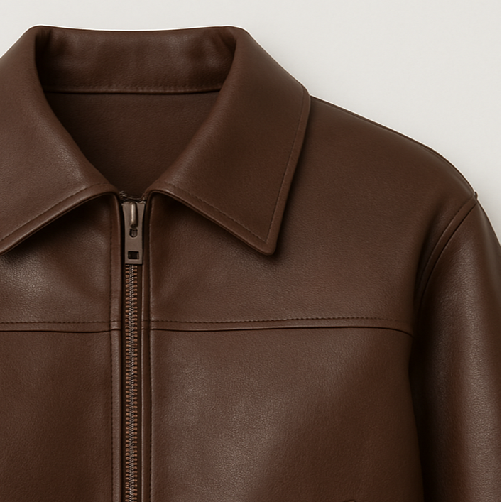 A cropped faux leather jacket with a pointed collar, zip front, and elasticated hem