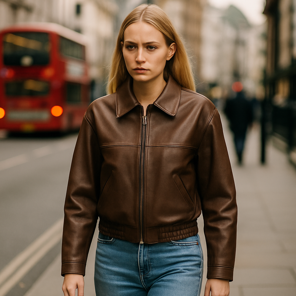 A cropped faux leather jacket with a pointed collar, zip front, and elasticated hem