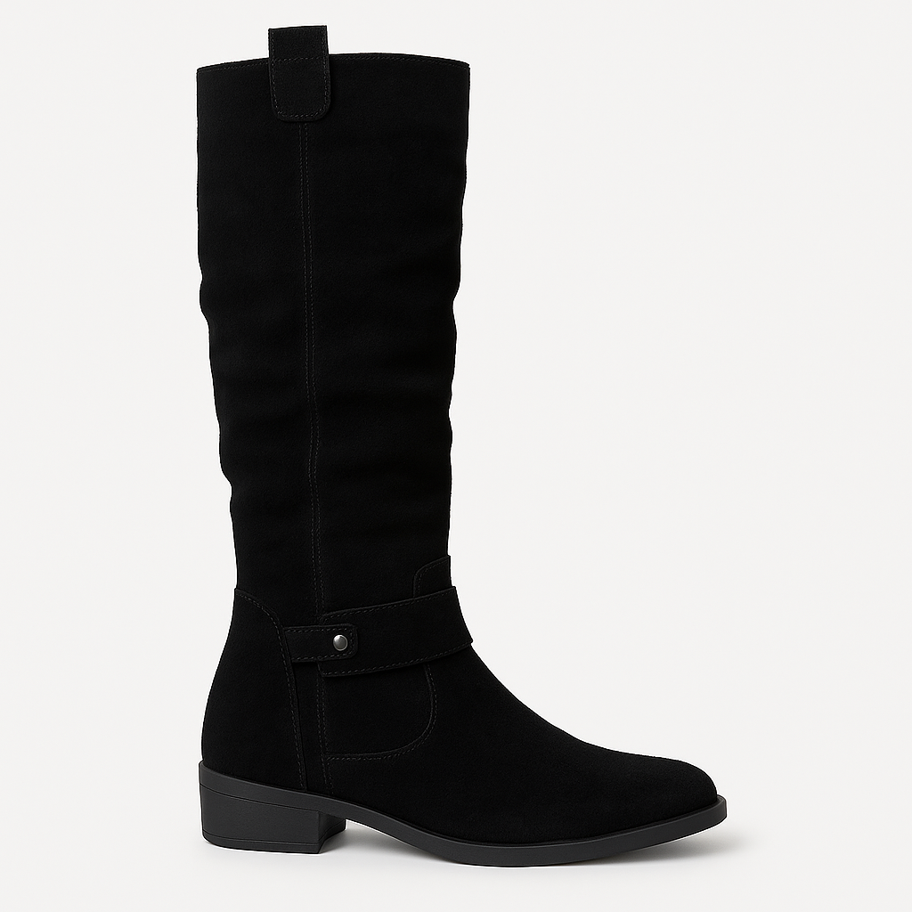 Knee-high suede boots with low block heels, side zips, and decorative straps.