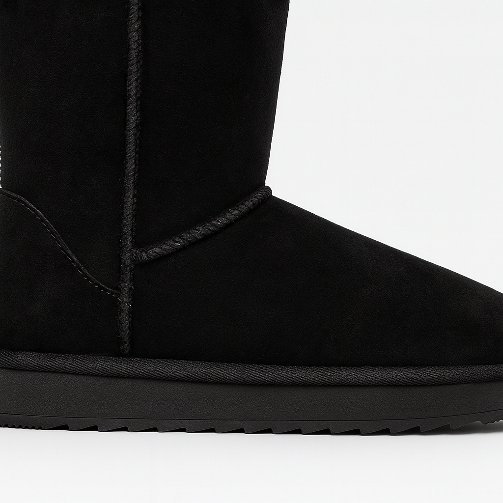 Mid-calf suede boots with round toes, flat rubber soles, and soft fleece lining.