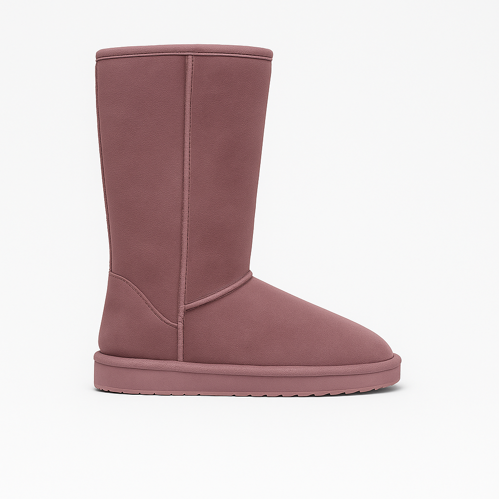 Mid-calf suede boots with round toes, flat rubber soles, and soft fleece lining.