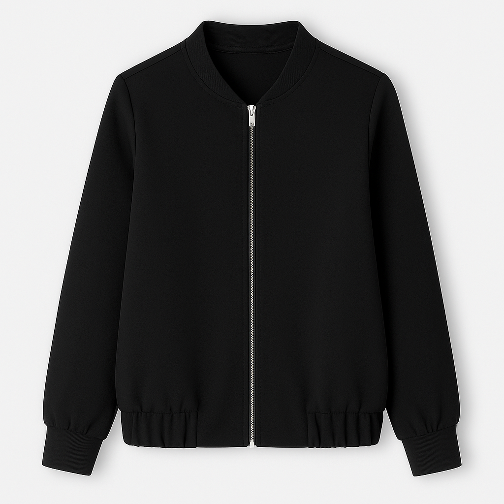 A soft bomber jacket featuring a front zip closure, ribbed cuffs, hem, and neckline. The lightweight design gives it a casual yet refined look, perfect for layering in transitional seasons.