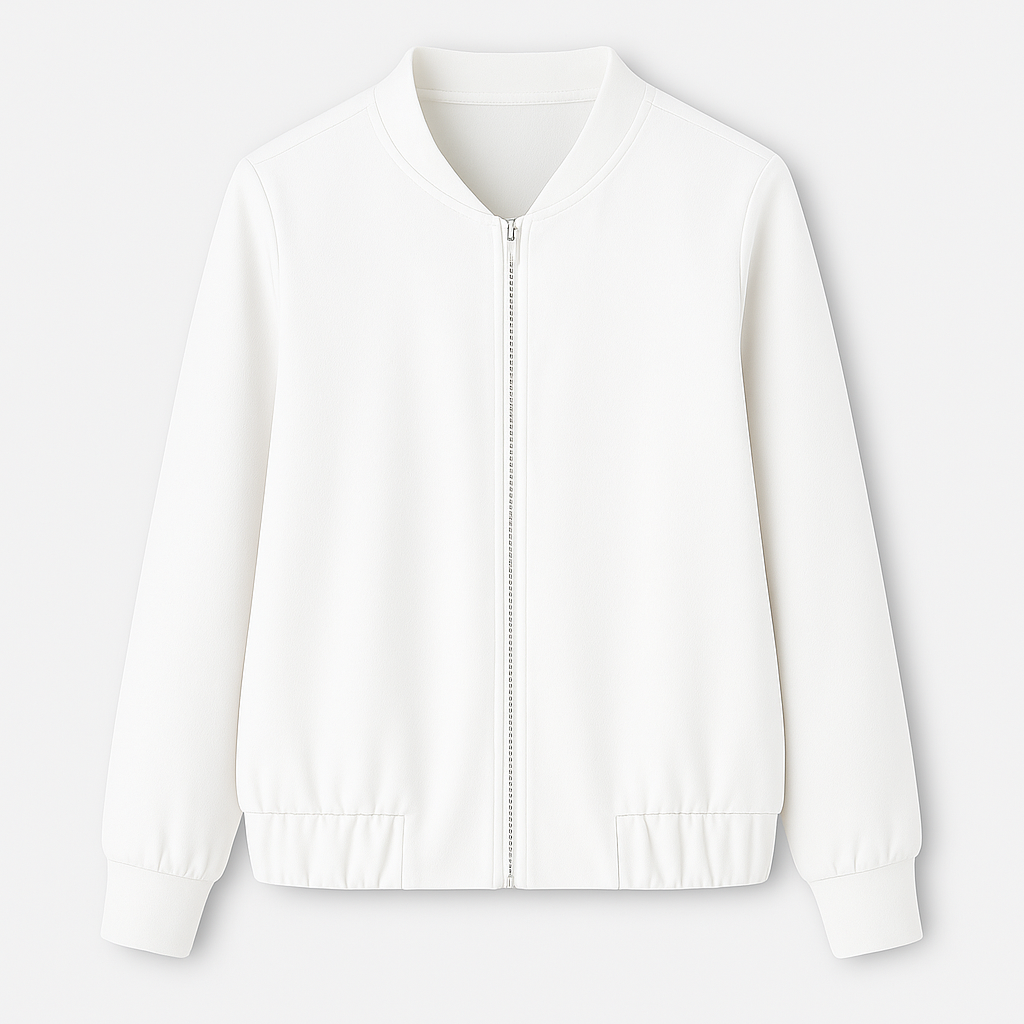 A soft bomber jacket featuring a front zip closure, ribbed cuffs, hem, and neckline. The lightweight design gives it a casual yet refined look, perfect for layering in transitional seasons.
