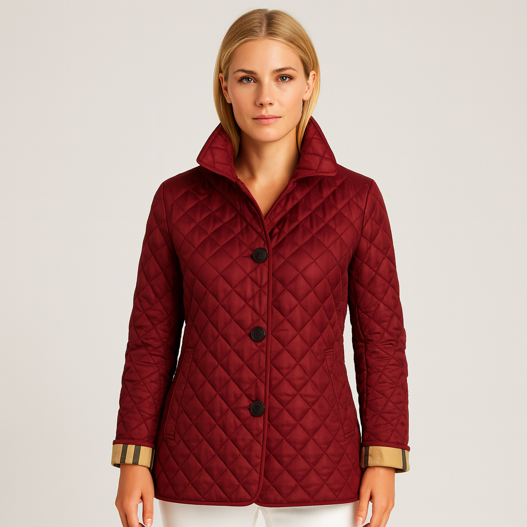 Quilted jacket with front button closure, stand collar, and welt pockets.