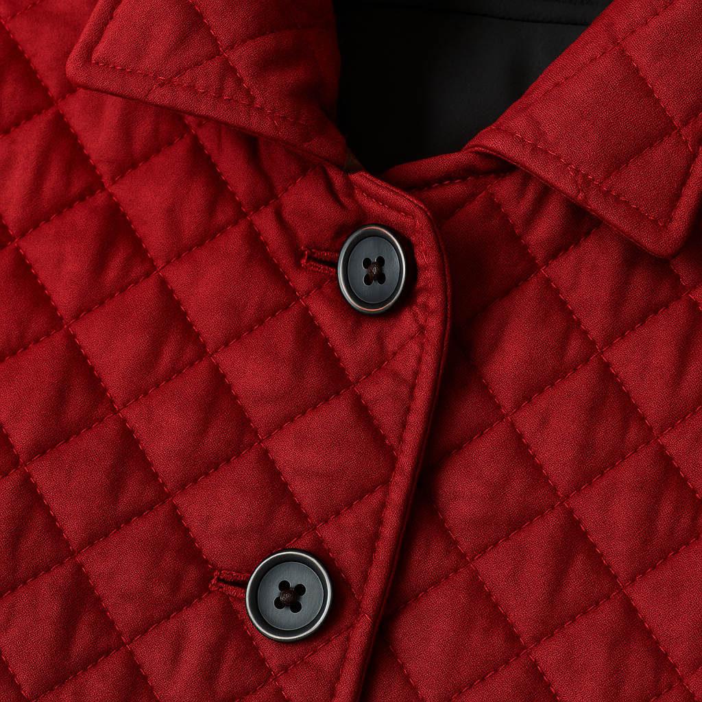 Quilted jacket with front button closure, stand collar, and welt pockets.
