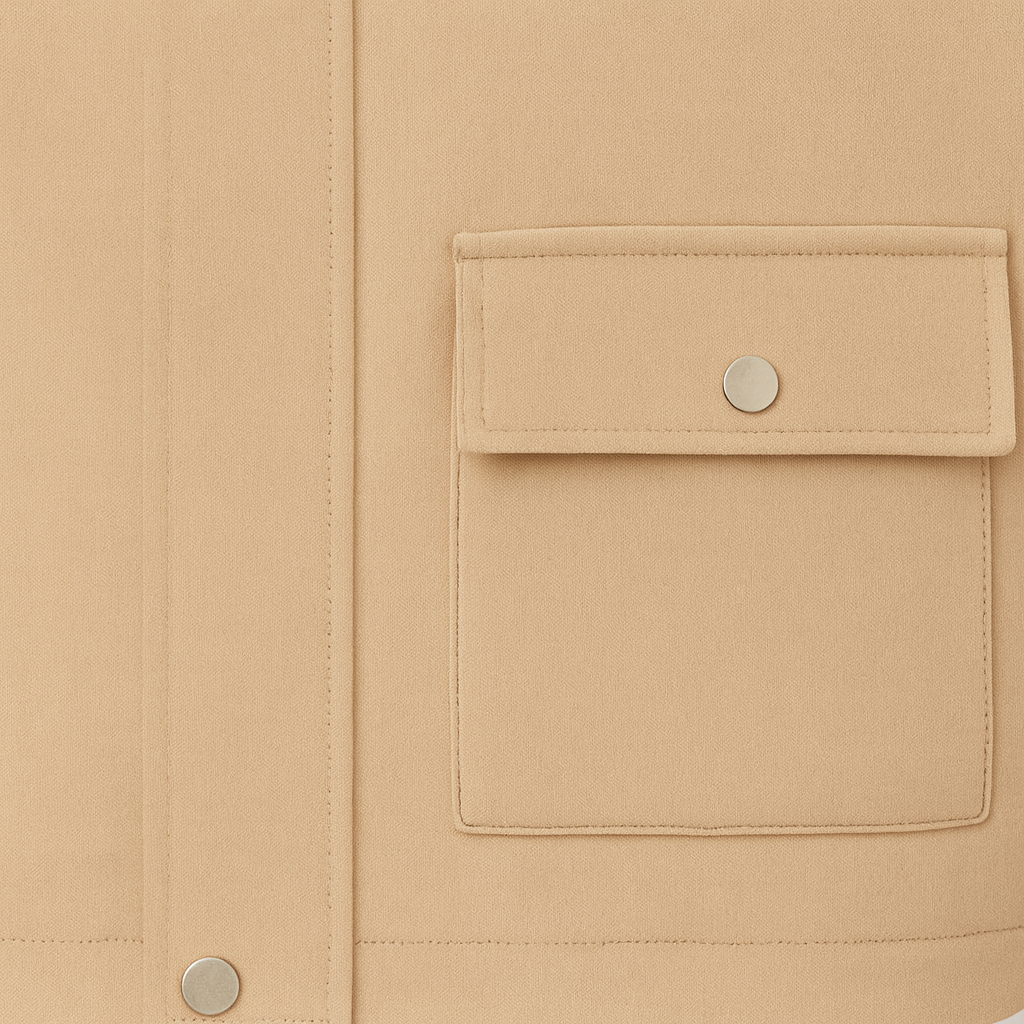 A cropped jacket with a brown corduroy collar, front zipper and snap buttons, single flap pocket, and long sleeves.