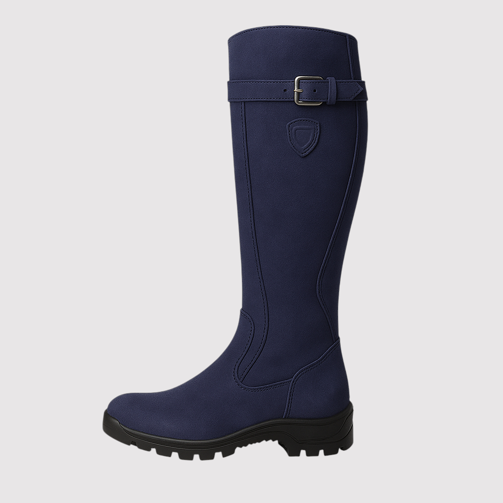 Knee-high riding boots with buckle detailing, contoured shaft, and traction sole designed for outdoor and equestrian wear