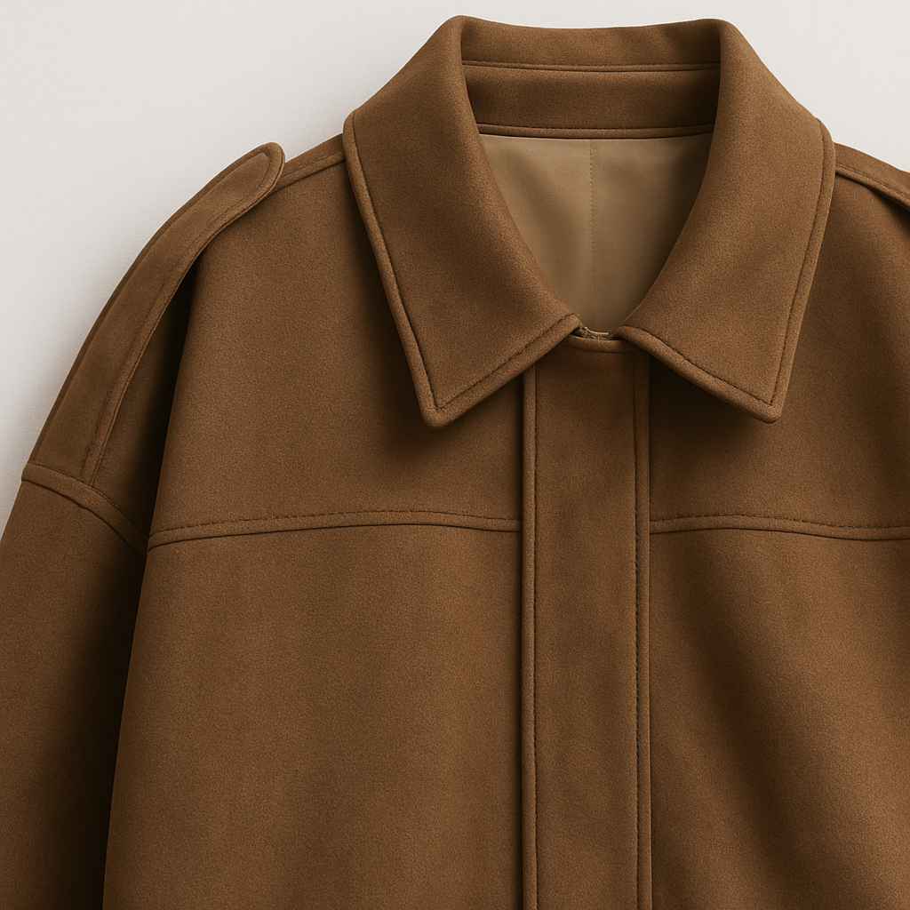 Faux suede bomber jacket with shirt collar and relaxed fit, designed for casual and contemporary layering