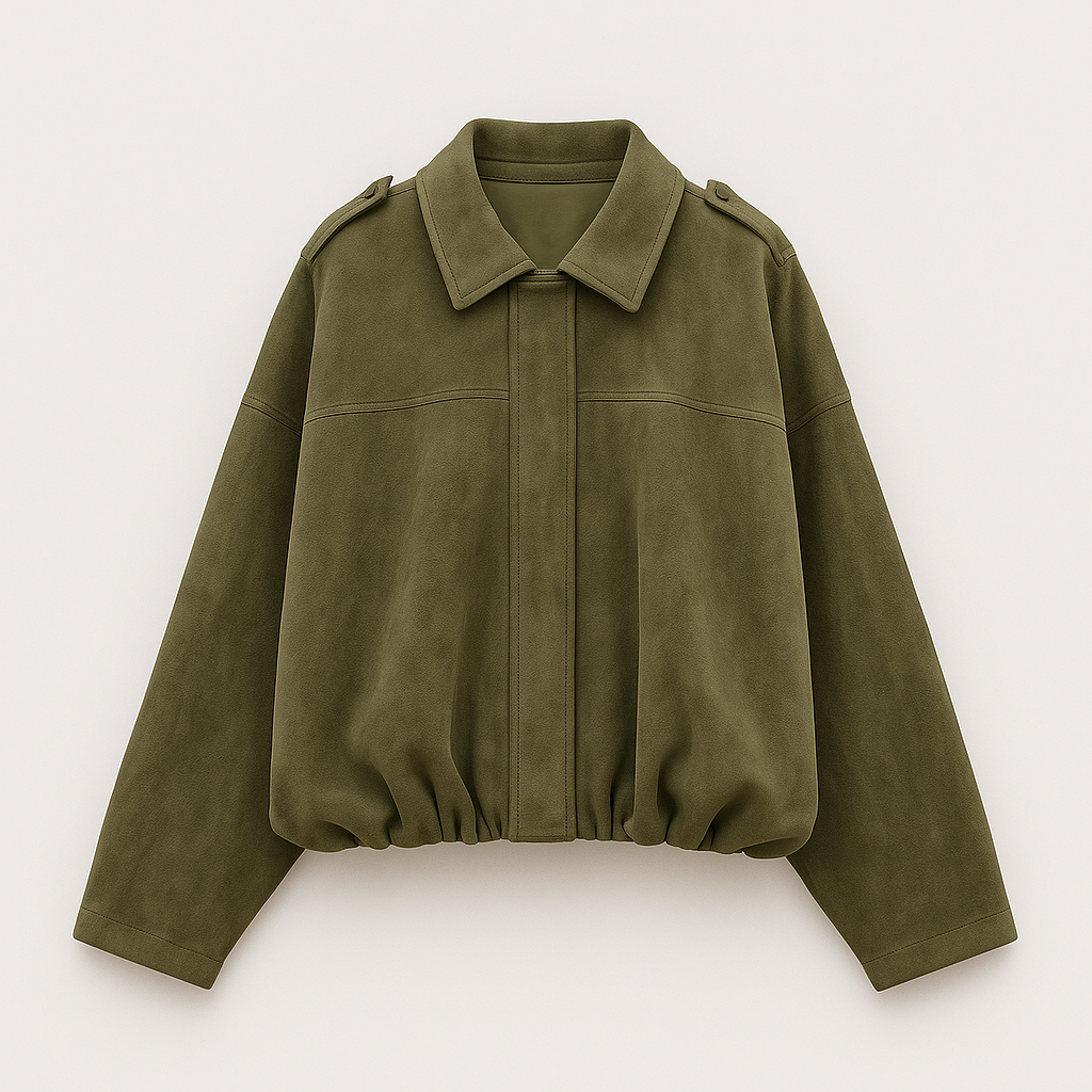 Faux suede bomber jacket with shirt collar and relaxed fit, designed for casual and contemporary layering