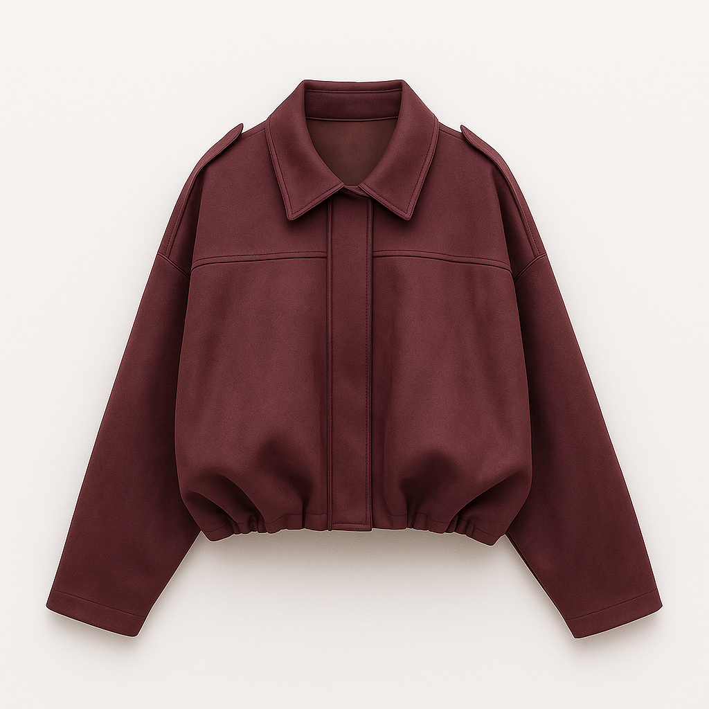 Faux suede bomber jacket with shirt collar and relaxed fit, designed for casual and contemporary layering