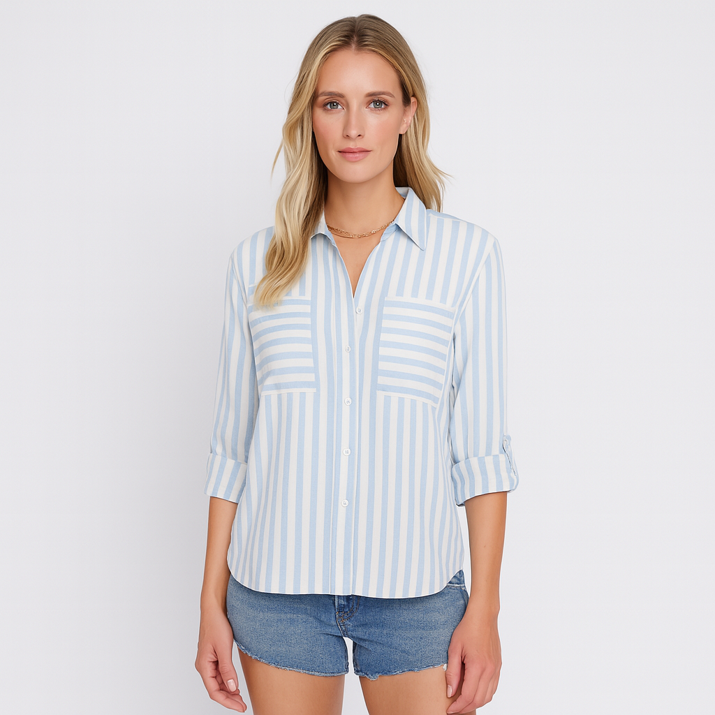 Button-up shirt with vertical stripes, featuring a pointed collar, long sleeves, and two chest pockets with horizontal stripes.