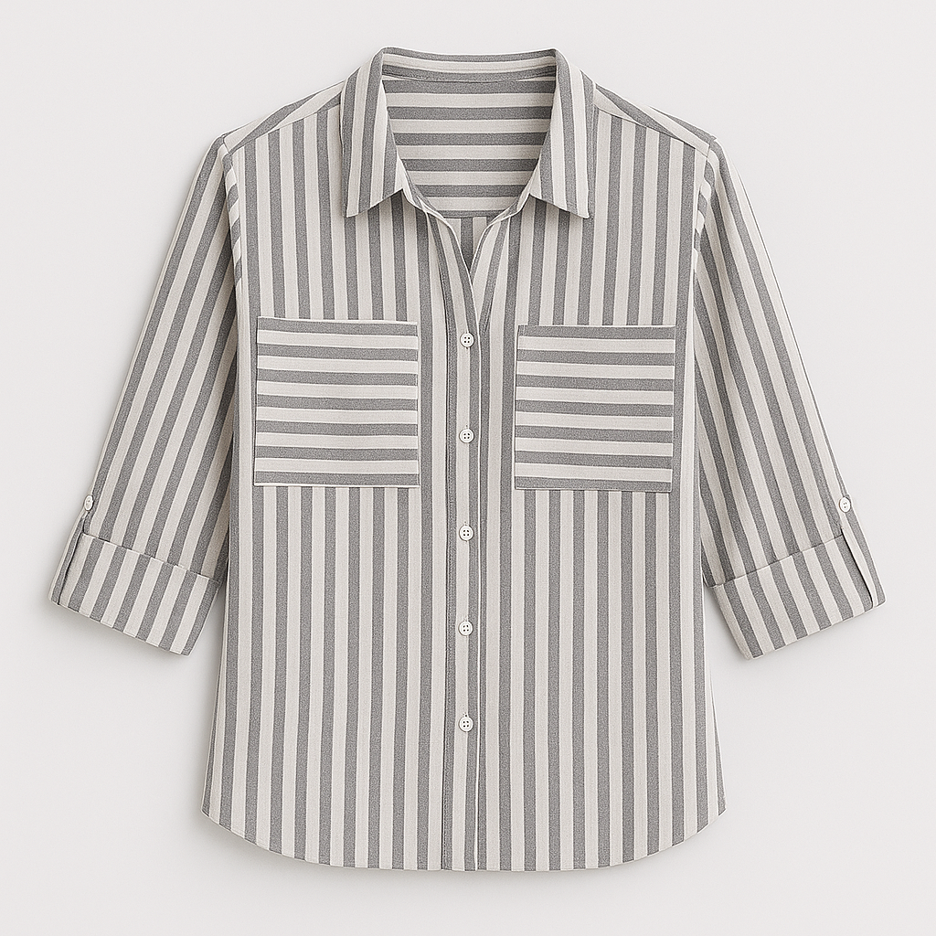 Button-up shirt with vertical stripes, featuring a pointed collar, long sleeves, and two chest pockets with horizontal stripes.