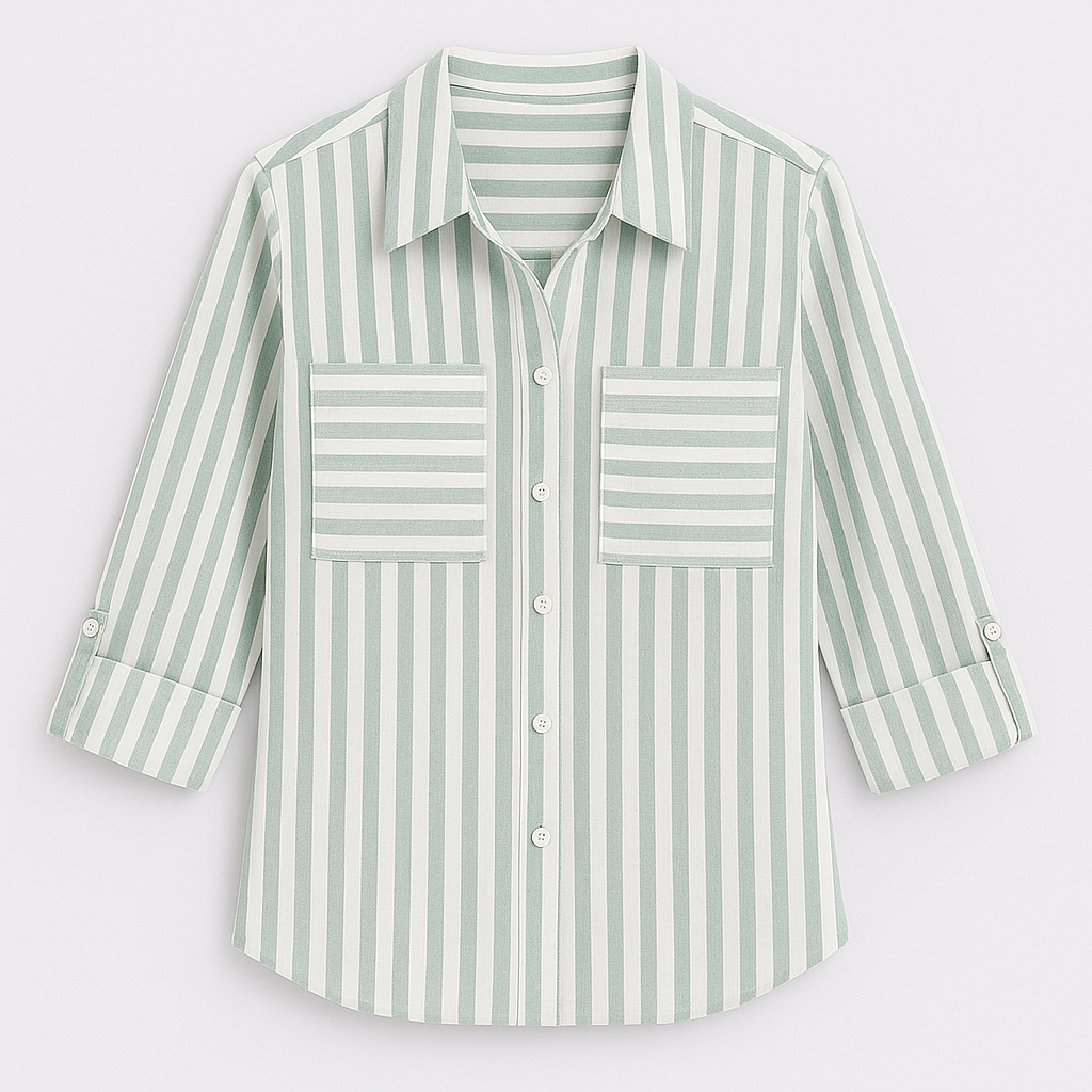 Button-up shirt with vertical stripes, featuring a pointed collar, long sleeves, and two chest pockets with horizontal stripes.