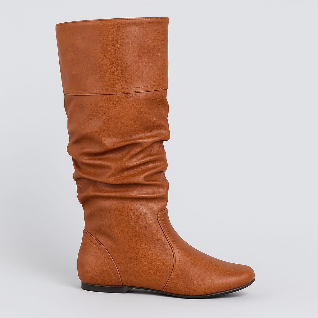 A sleek mid-calf boot with a slouchy leather design and rounded toe. The flat sole provides comfort and ease for everyday wear, while the soft, gathered texture adds a touch of casual sophistication to the minimalist silhouette.