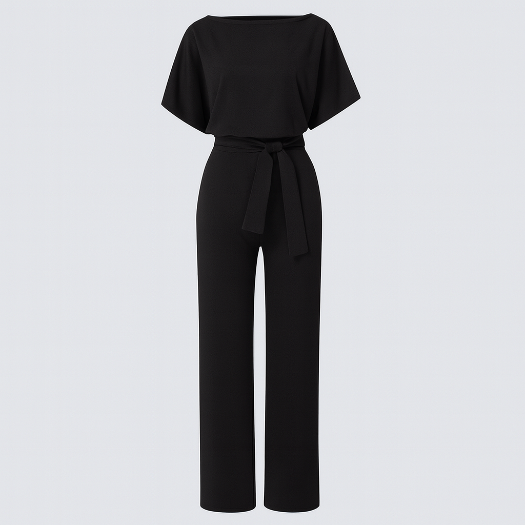 A wide-leg jumpsuit featuring a round neckline, short sleeves, and a waist tie belt.