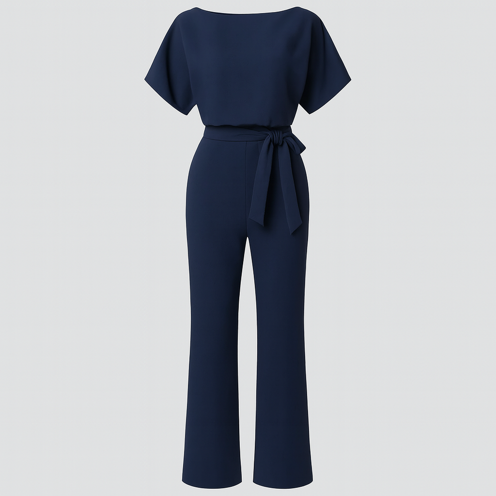 A wide-leg jumpsuit featuring a round neckline, short sleeves, and a waist tie belt.