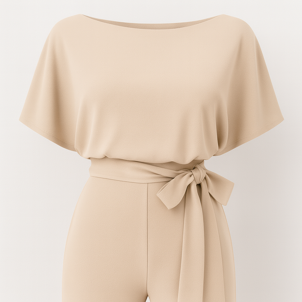 A wide-leg jumpsuit featuring a round neckline, short sleeves, and a waist tie belt.