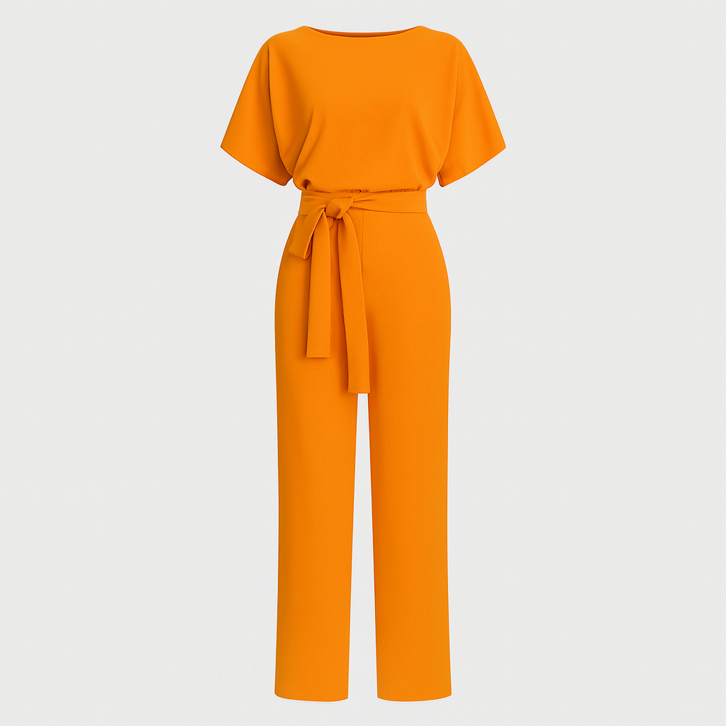 A wide-leg jumpsuit featuring a round neckline, short sleeves, and a waist tie belt.