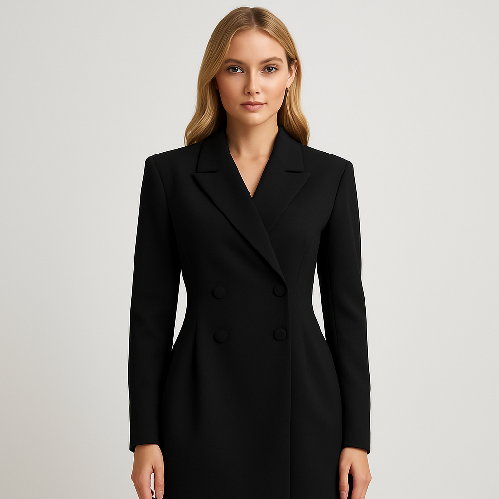Black double breasted blazer with long sleeves and notched lapel, styled with a black clutch for an elegant look