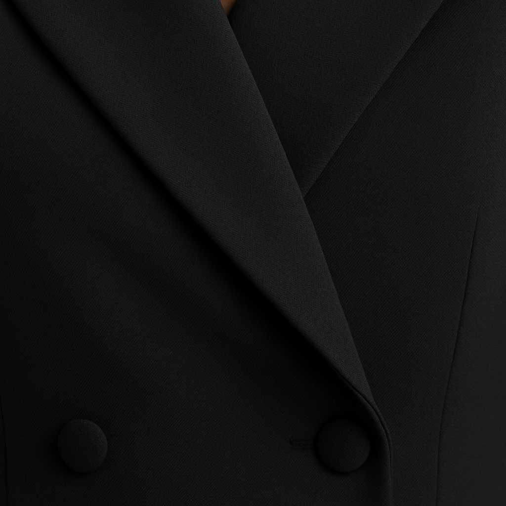 Black double breasted blazer with long sleeves and notched lapel, styled with a black clutch for an elegant look