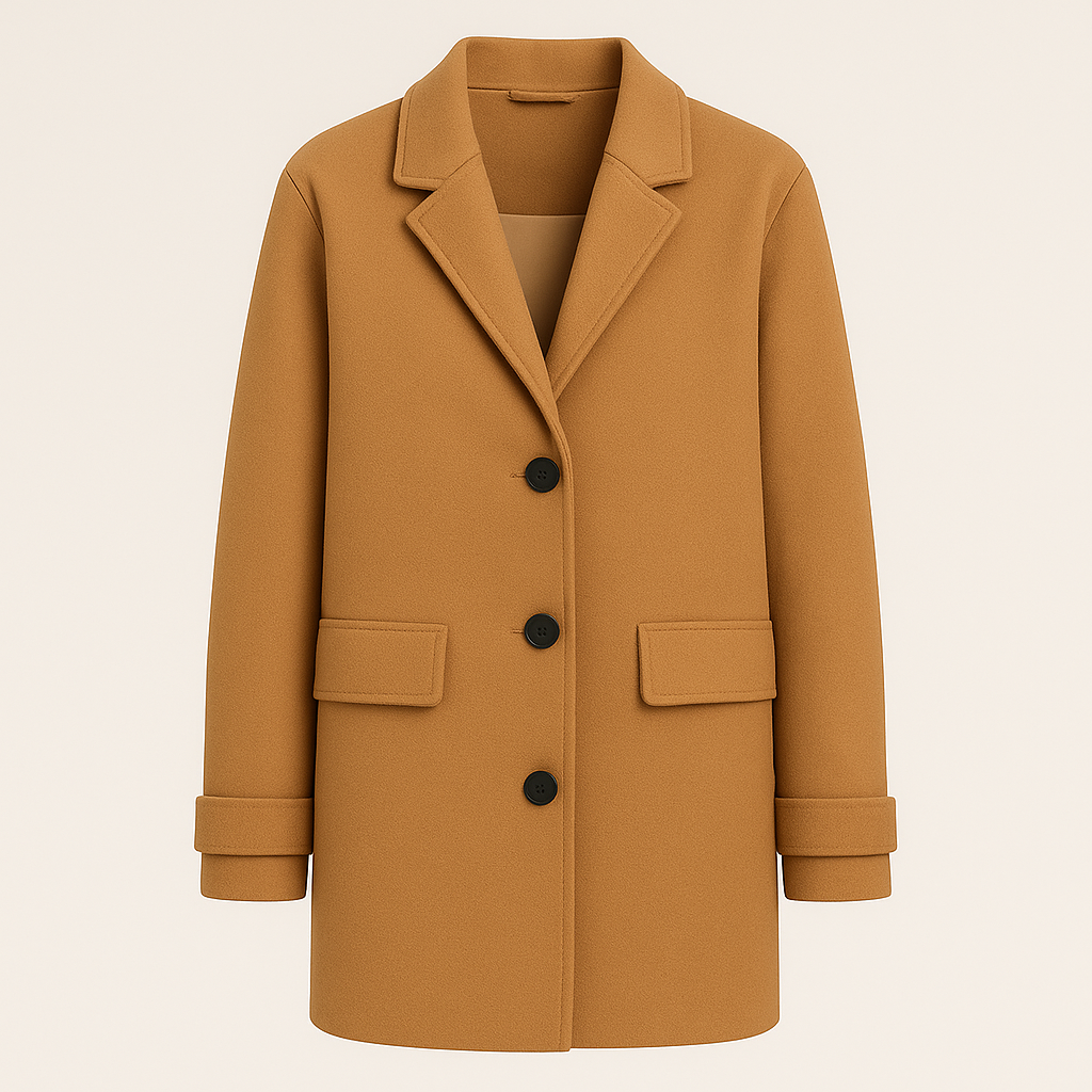 Blazer-style coat with notched lapel collar, button closure, and relaxed fit, styled with casual layering