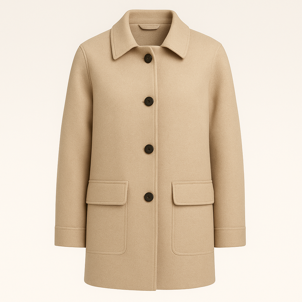 Blazer-style coat with notched lapel collar, button closure, and relaxed fit, styled with casual layering