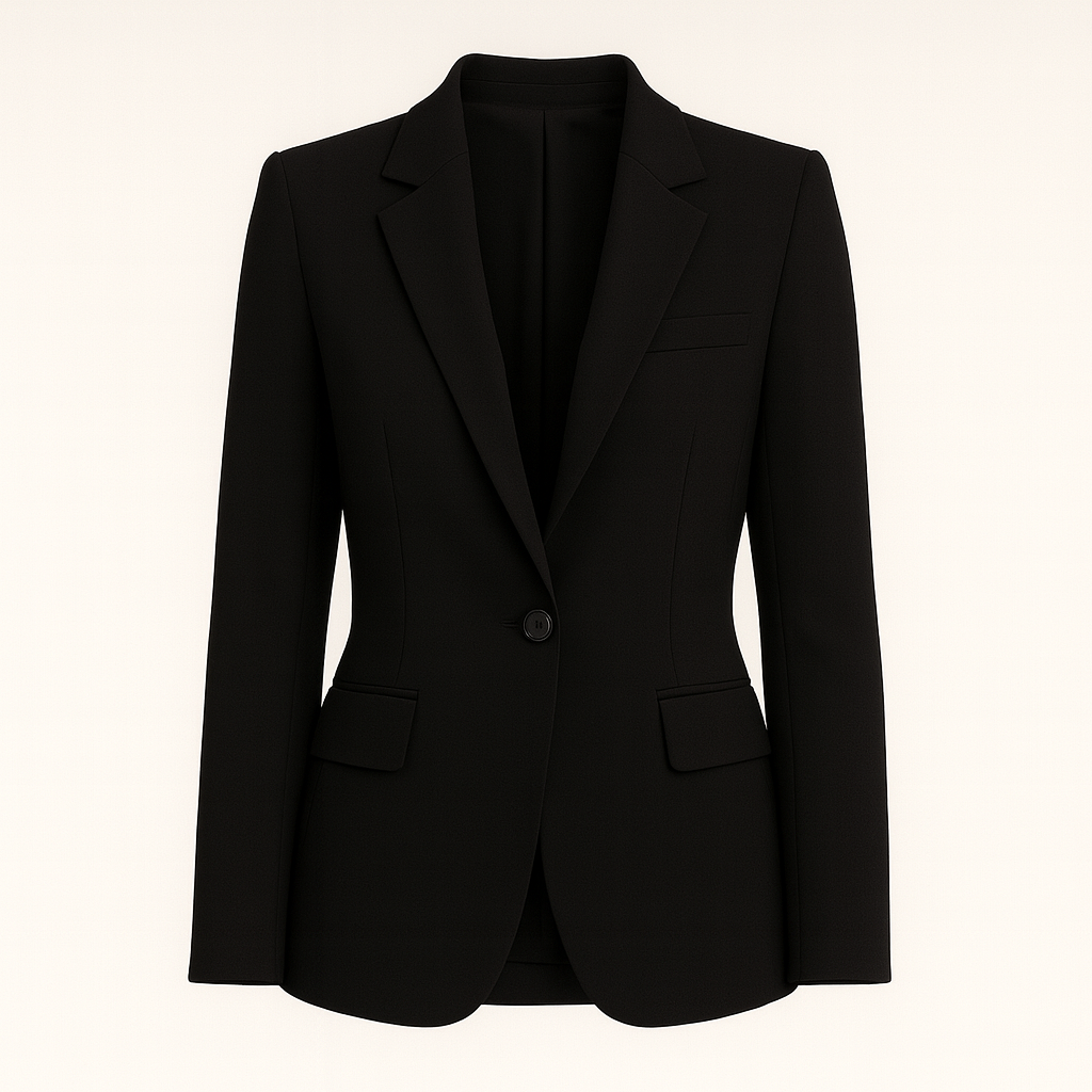 A tailored blazer with a single-button closure, notched lapels, and flap pockets on both sides. The blazer has a structured fit and a smooth, elegant finish, giving it a modern and polished look.
