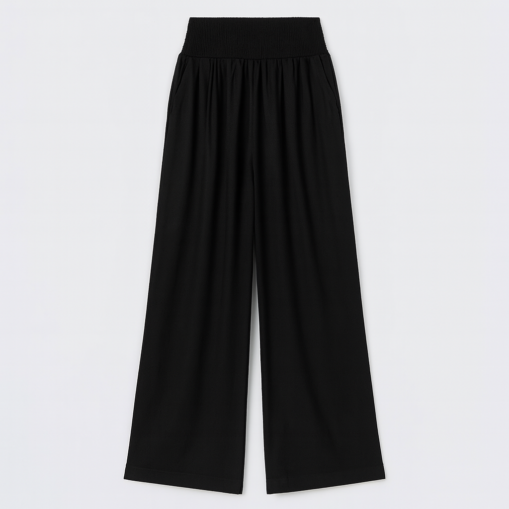 Wide-leg pants with smocked waistband and pleated detailing.
